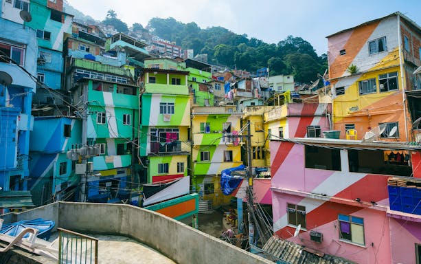 Colorful painted buildings in Favela Santa Marta, Rio de Janeiro, Brazil.