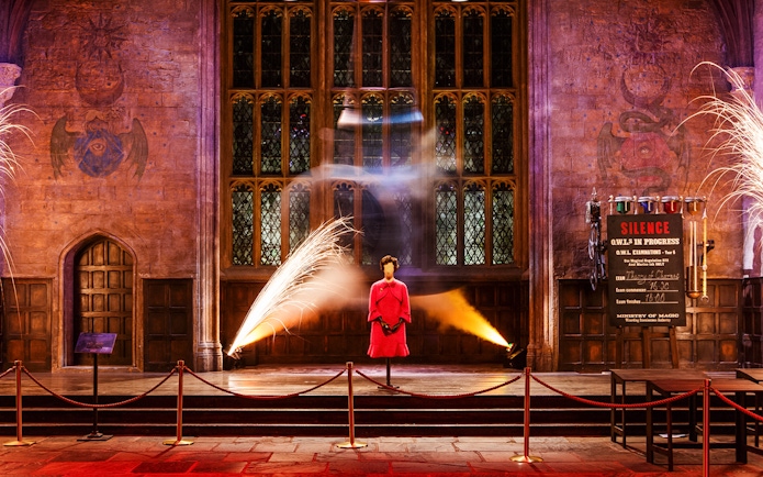 Exhibit at Magical Mischief Tour, Harry Potter London, featuring a pink outfit display in a grand hall.