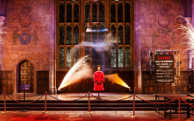 Exhibit at Magical Mischief Tour, Harry Potter London, featuring a pink outfit display in a grand hall.