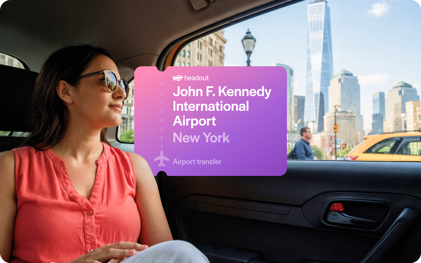 Private car transfer from John F. Kennedy Airport with New York City skyline in view.