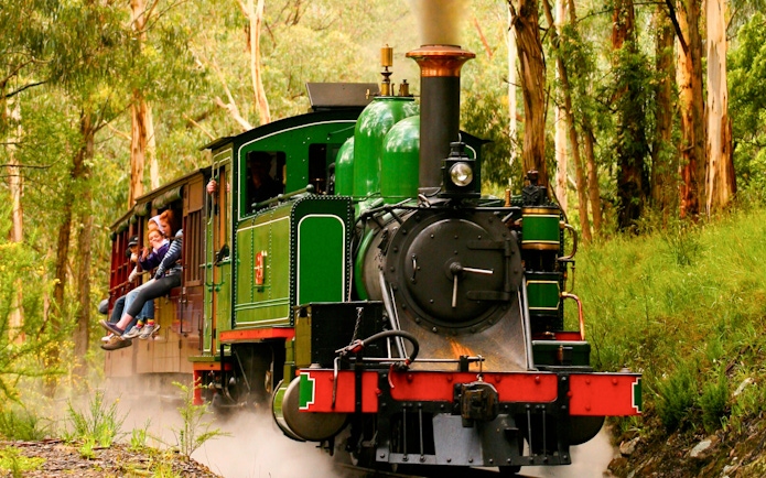 Puffing Billy steam train with passengers' legs dangling travels through forest near Melbourne.