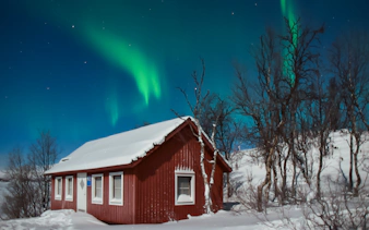 Red cabin under Northern Lights in snowy forest.