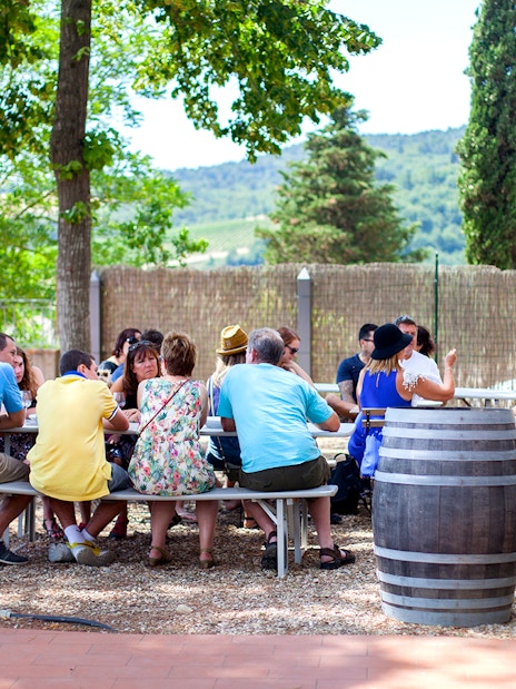 Group enjoying wine tasting outdoors in Chianti countryside.