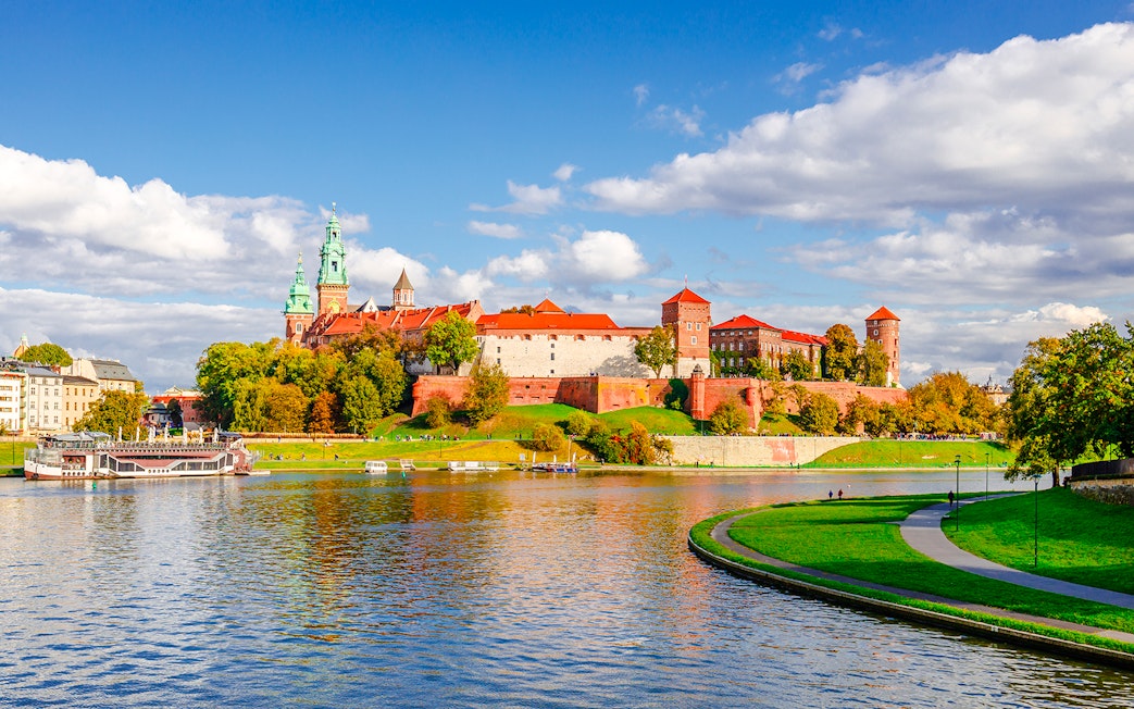 Wawel Castle in Krakow, Poland, viewed from across the Vistula River.