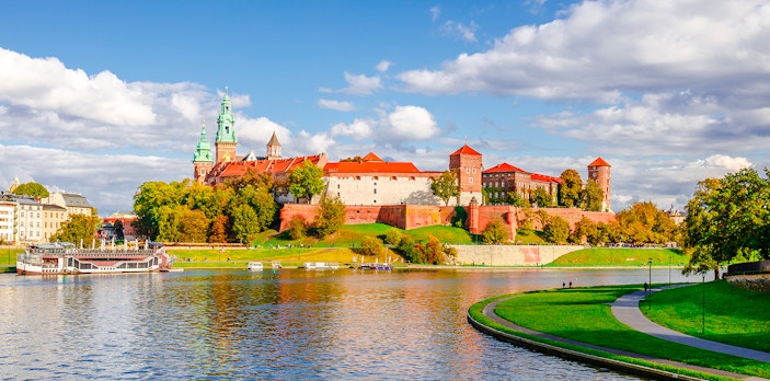 Wawel Castle in Krakow, Poland, viewed from across the Vistula River.