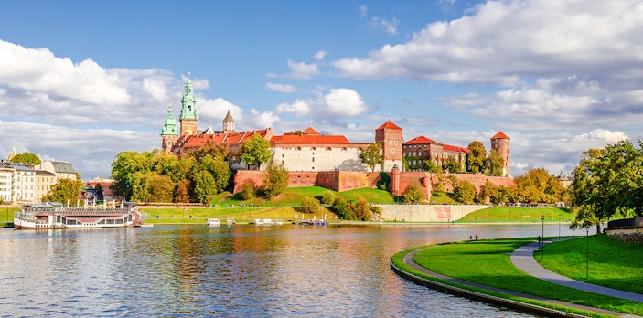 Wawel Castle in Krakow, Poland, viewed from across the Vistula River.