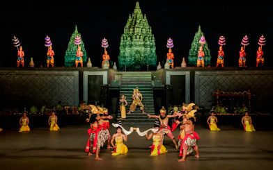Ramayana Ballet performance at Prambanan Temple, dancers in traditional costumes on stage.