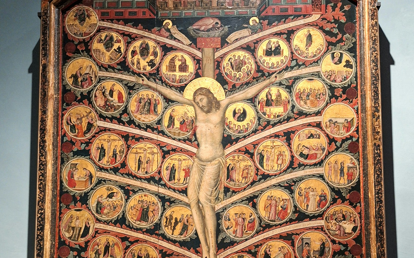 Tree of Life painting by Pacino di Buonaguida at Accademia Gallery, depicting Christ on the cross with surrounding scenes.
