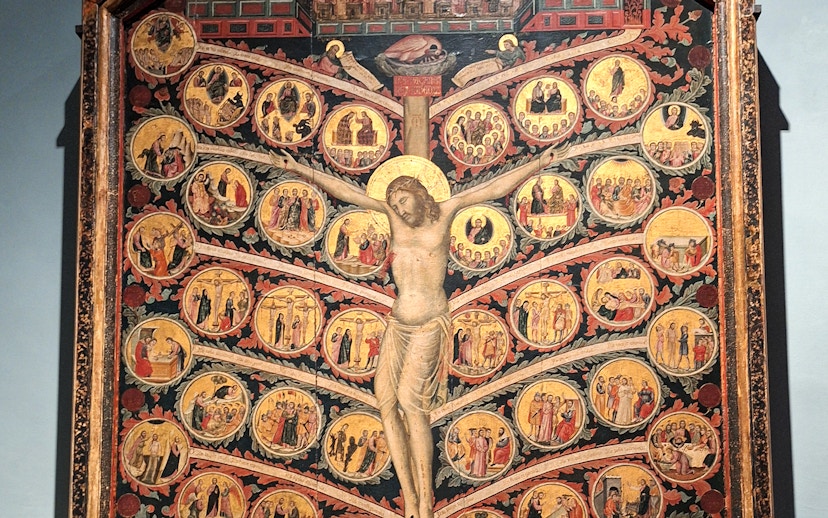 Tree of Life painting by Pacino di Buonaguida at Accademia Gallery, depicting Christ on the cross with surrounding scenes.