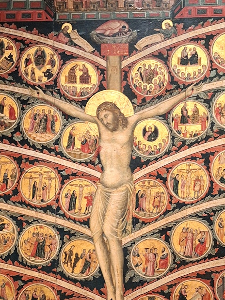 Tree of Life painting by Pacino di Buonaguida at Accademia Gallery, depicting Christ on the cross with surrounding scenes.