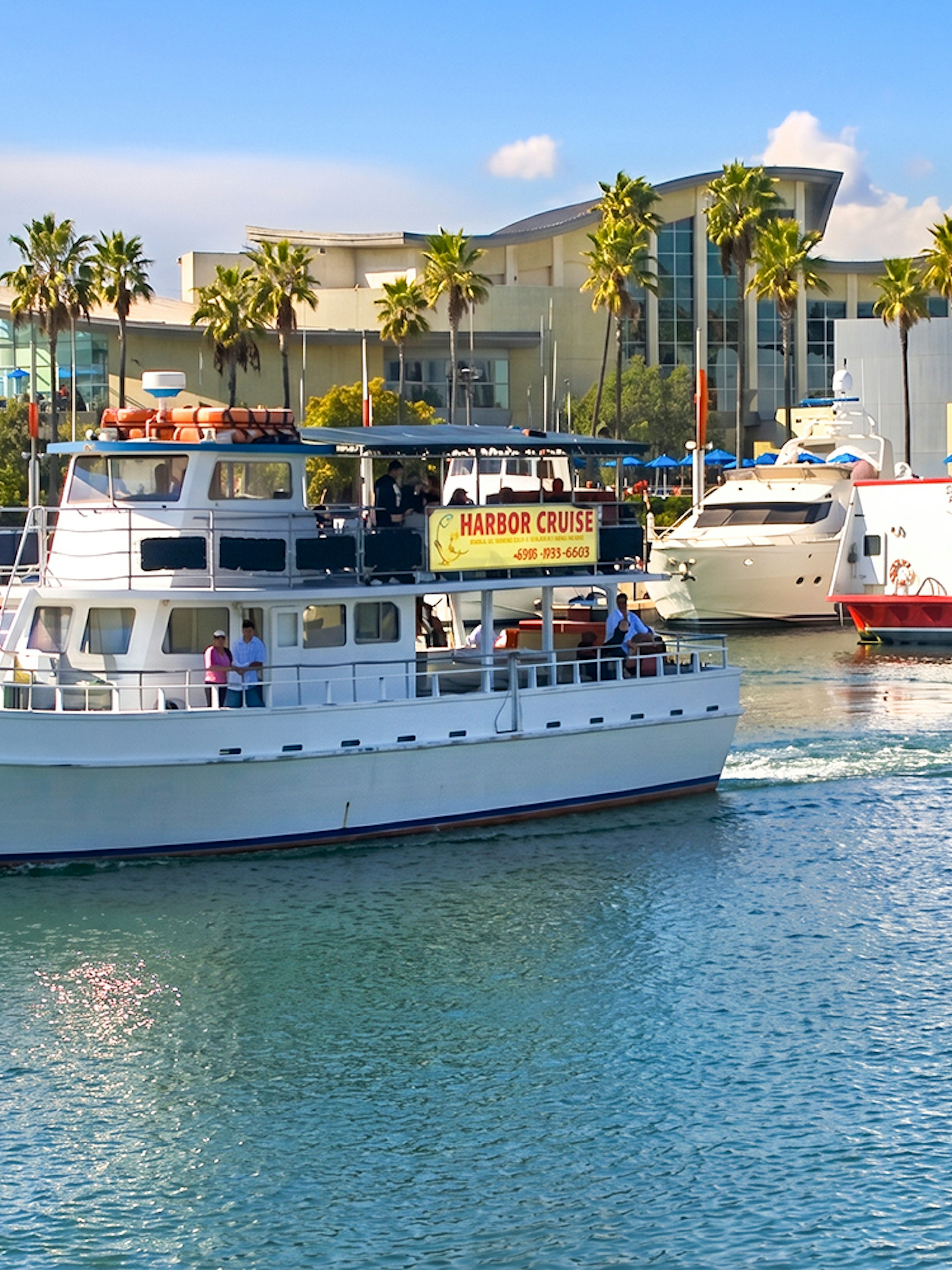 Cruise boat navigating Los Angeles Harbor with palm trees and buildings in the background.