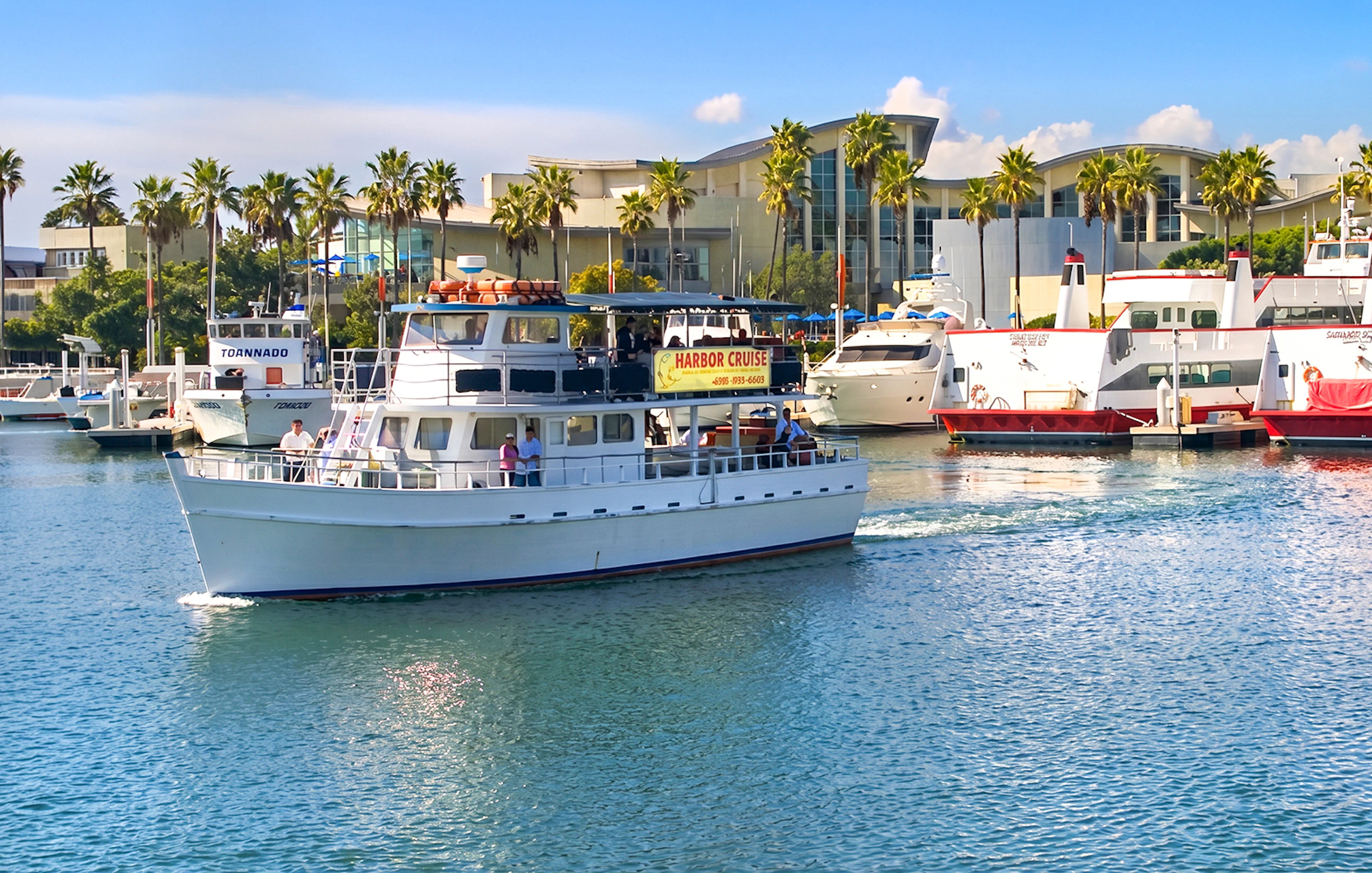 Cruise boat navigating Los Angeles Harbor with palm trees and buildings in the background.