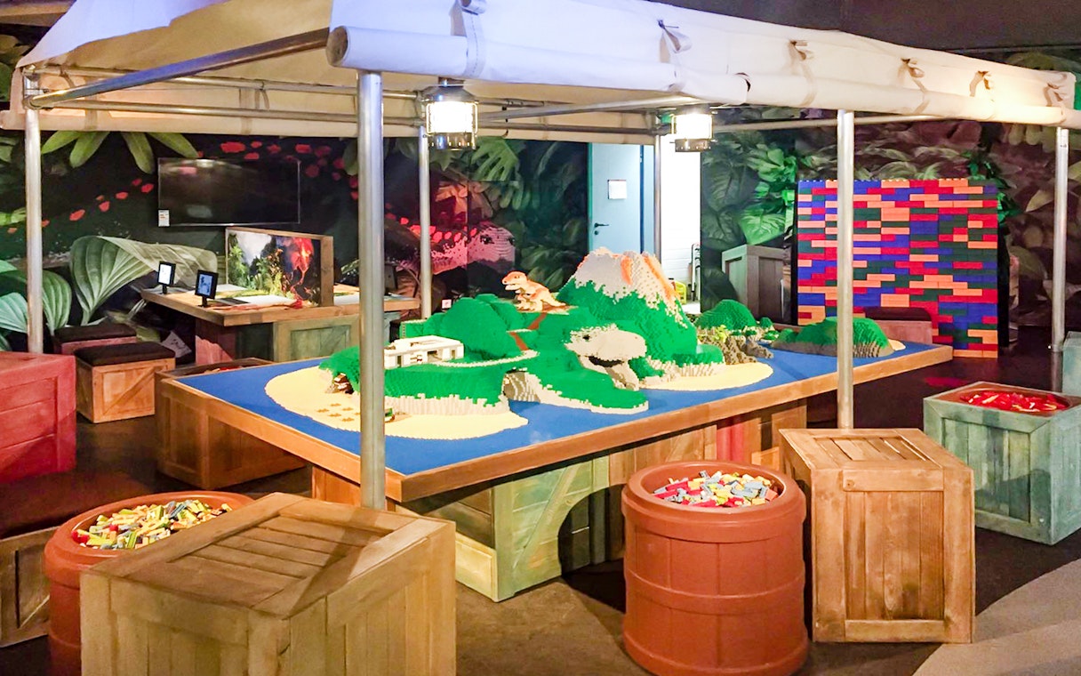 Lego dinosaur landscape at Dino Explorer activity, Berlin Legoland Discovery Centre.