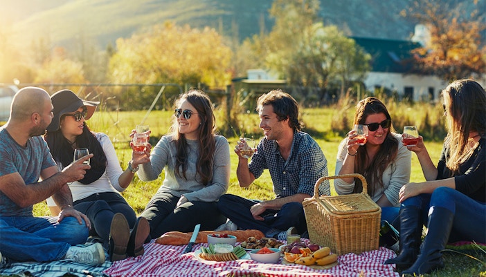 Group enjoying picnic lunch with drinks at Loch Ness.