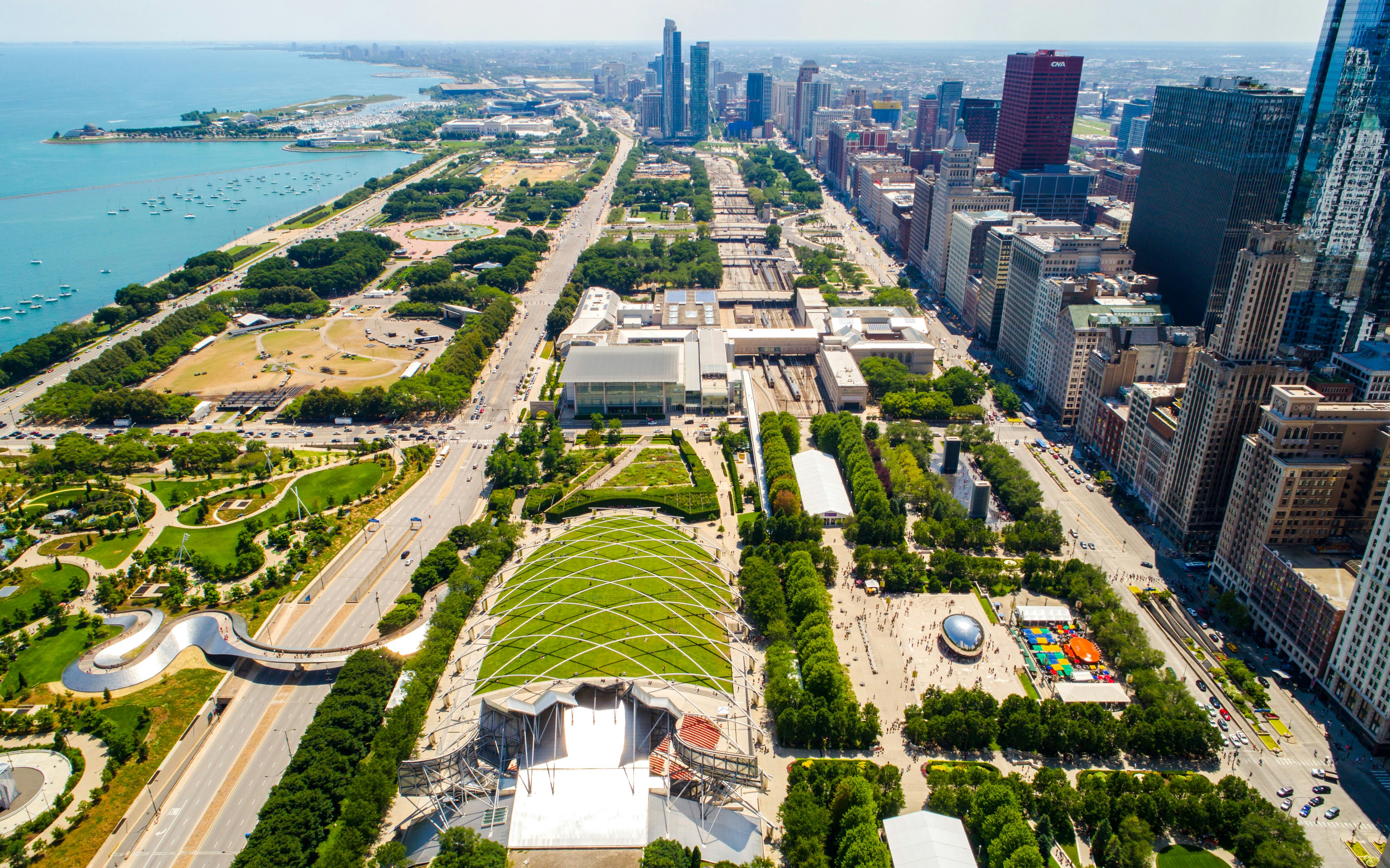 Aerial view of Millennium Park, Chicago, featuring the Jay Pritzker Pavilion and Cloud Gate.