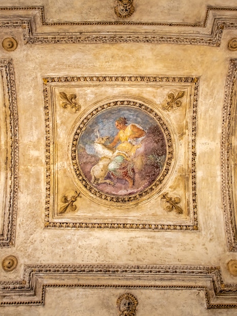 Ceiling fresco at Castel Sant'Angelo in Rome, Italy, featuring mythological scene.