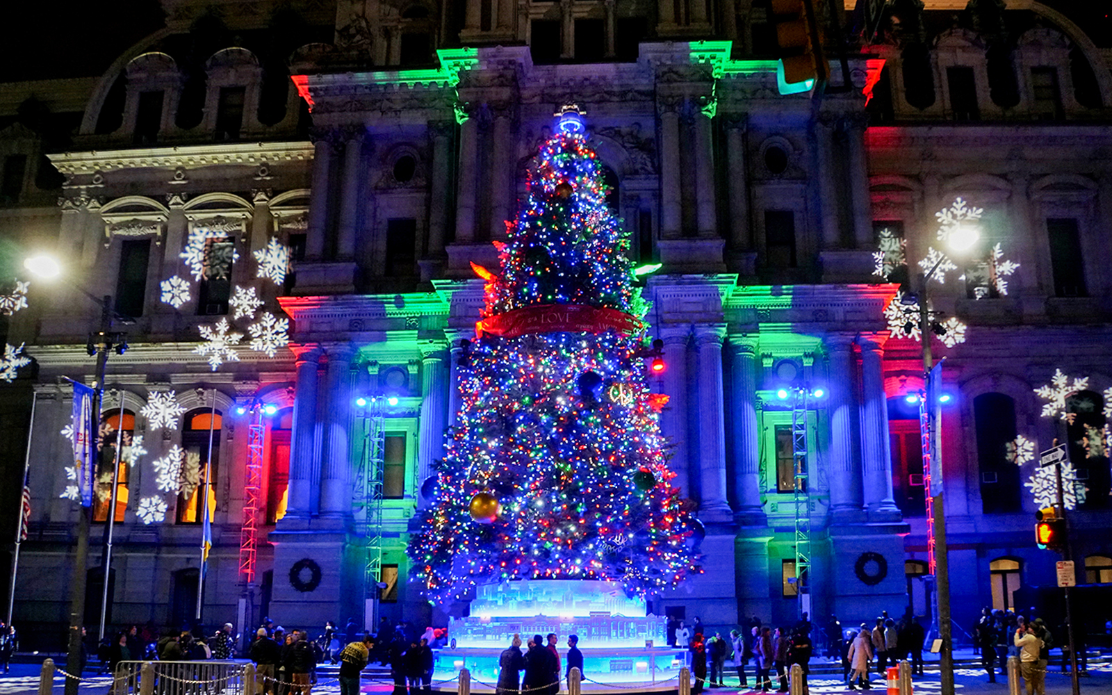 Christmas tree and lights display in front of Philadelphia City Hall, December 2018.