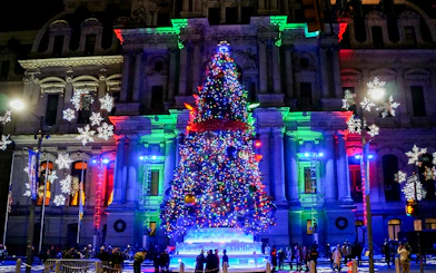 Christmas tree and lights display in front of Philadelphia City Hall, December 2018.