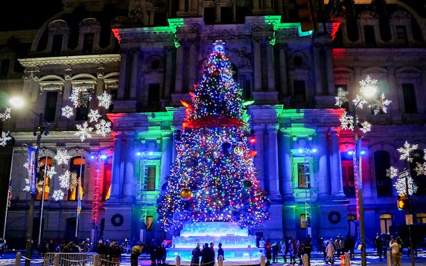Christmas tree and lights display in front of Philadelphia City Hall, December 2018.