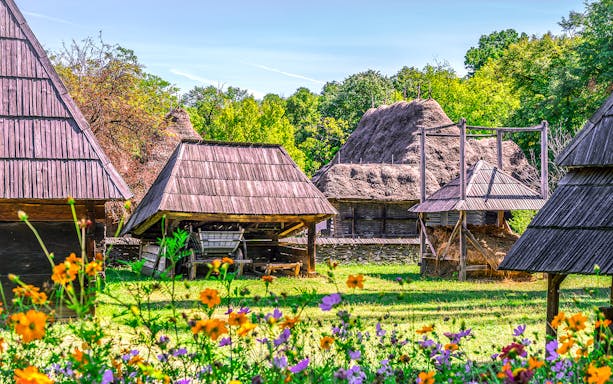 Traditional wooden houses and thatched roofs at the National Village Museum, Bucharest.