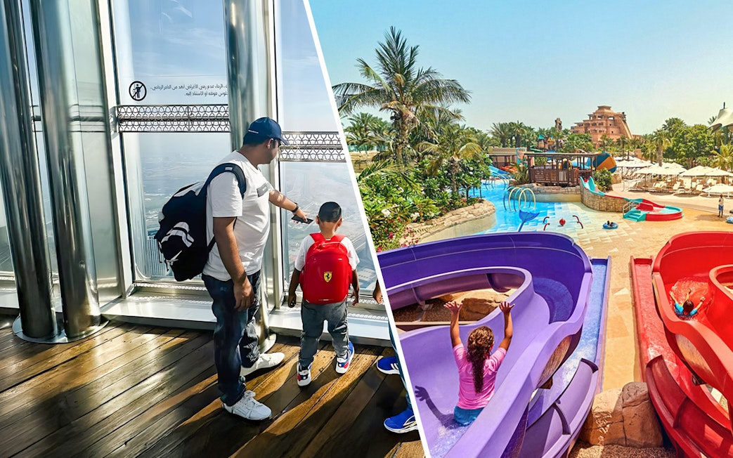Viewing platform at The Palm and water slides at Aquaventure Waterpark, Dubai.