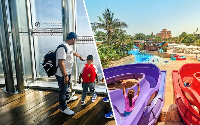 Viewing platform at The Palm and water slides at Aquaventure Waterpark, Dubai.