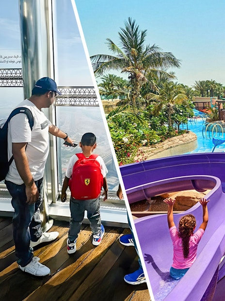 Viewing platform at The Palm and water slides at Aquaventure Waterpark, Dubai.