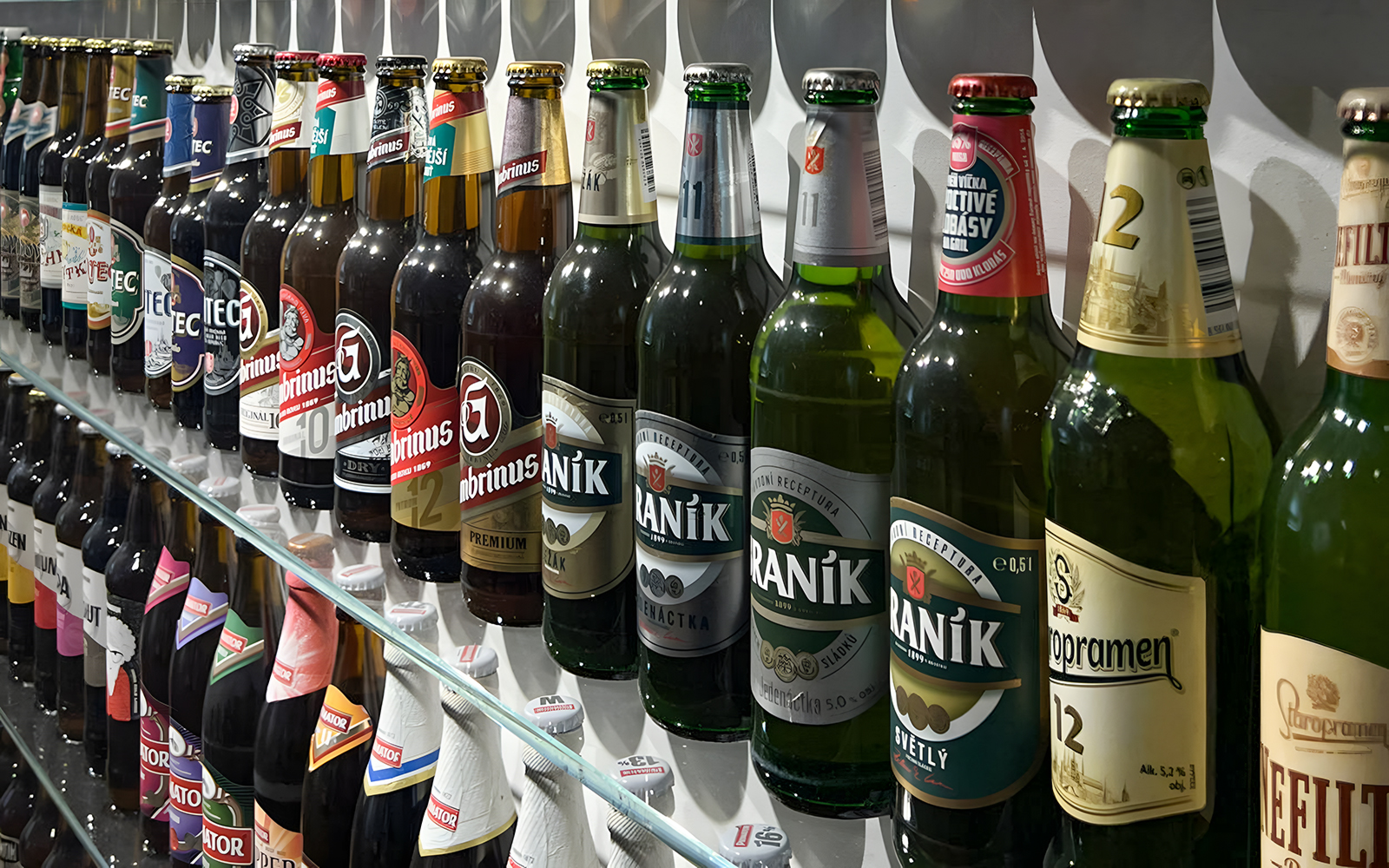 Beer bottles displayed inside Prague Beer Museum.