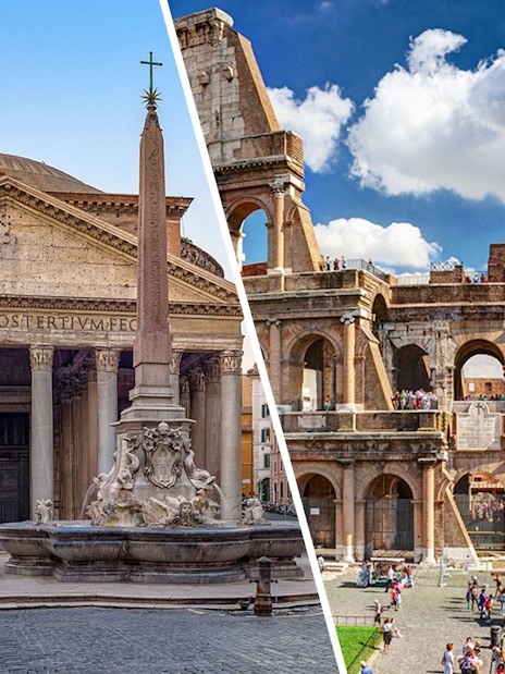Pantheon and Colosseum in Rome, Italy, showcasing iconic ancient architecture.