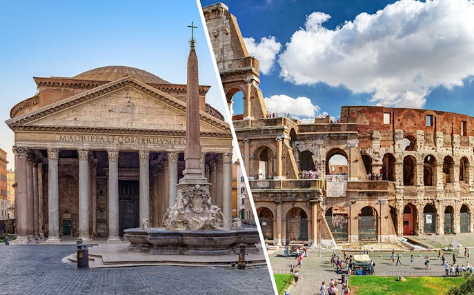Pantheon and Colosseum in Rome, Italy, showcasing iconic ancient architecture.