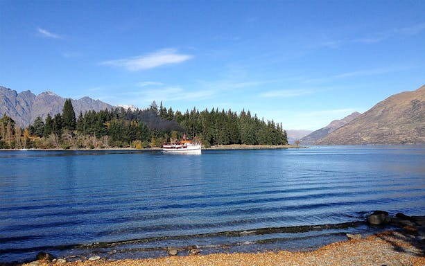 Cruise boat approaching Mou Waho Island on a clear day, surrounded by mountains and forest.
