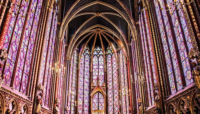 Sainte Chapelle's intricate stained glass windows in Paris, France.