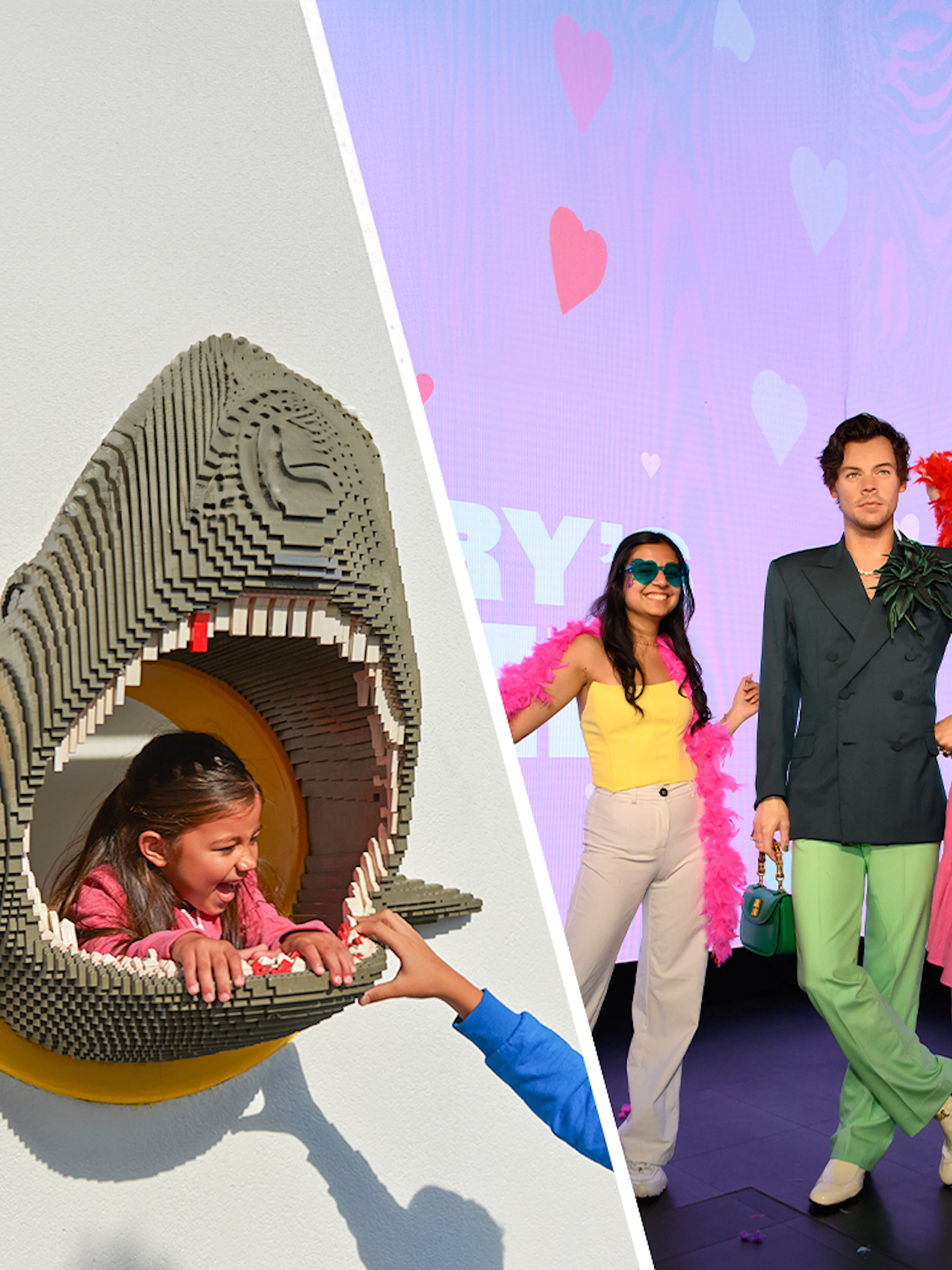 Child in LEGO shark sculpture at LEGOLAND Windsor; visitors with wax figure at Madame Tussauds London.