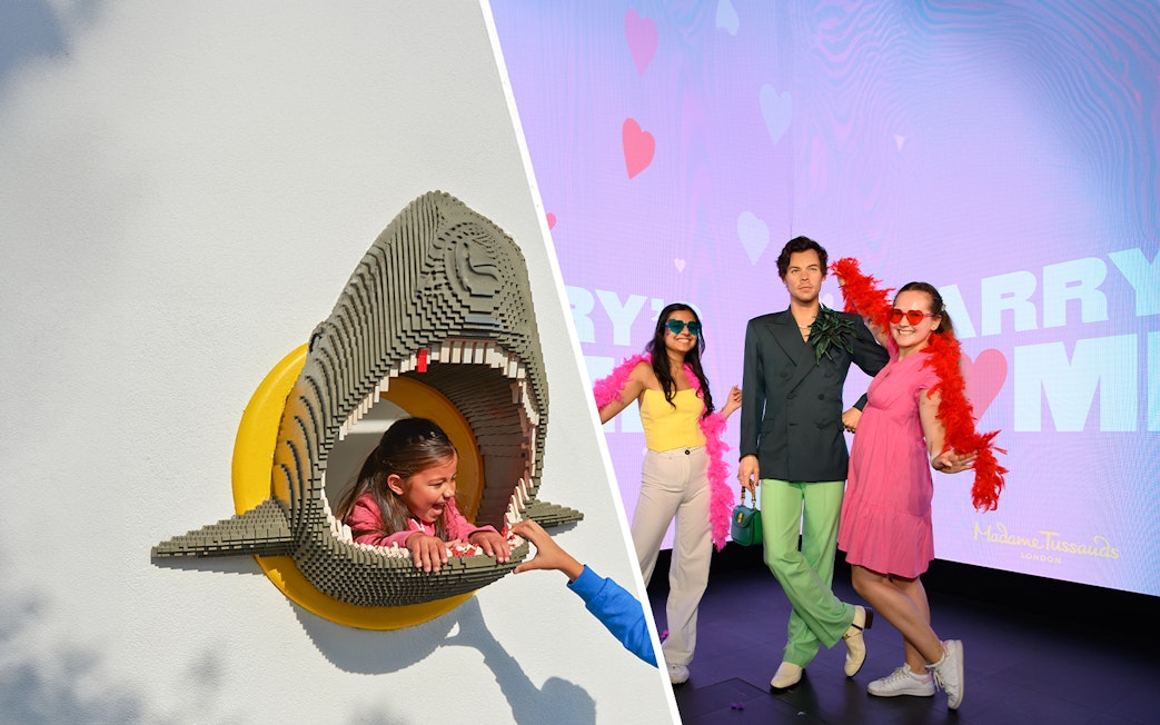 Child in LEGO shark sculpture at LEGOLAND Windsor; visitors with wax figure at Madame Tussauds London.