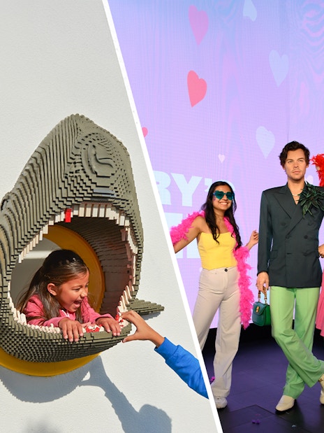 Child in LEGO shark sculpture at LEGOLAND Windsor; visitors with wax figure at Madame Tussauds London.