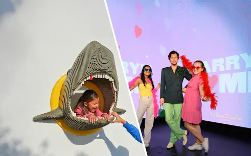Child in LEGO shark sculpture at LEGOLAND Windsor; visitors with wax figure at Madame Tussauds London.