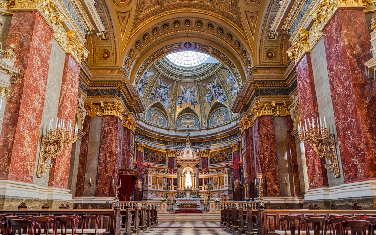 St. Stephen's Basilica interior with ornate dome and altar, Budapest, Hungary.
