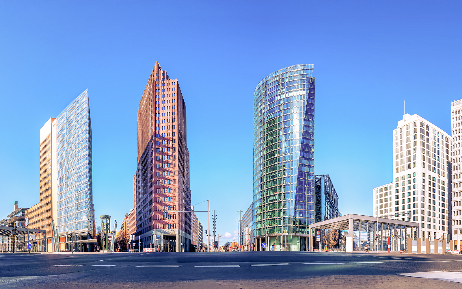 Potsdamer Platz Berlin skyline with modern architecture and bustling cityscape.
