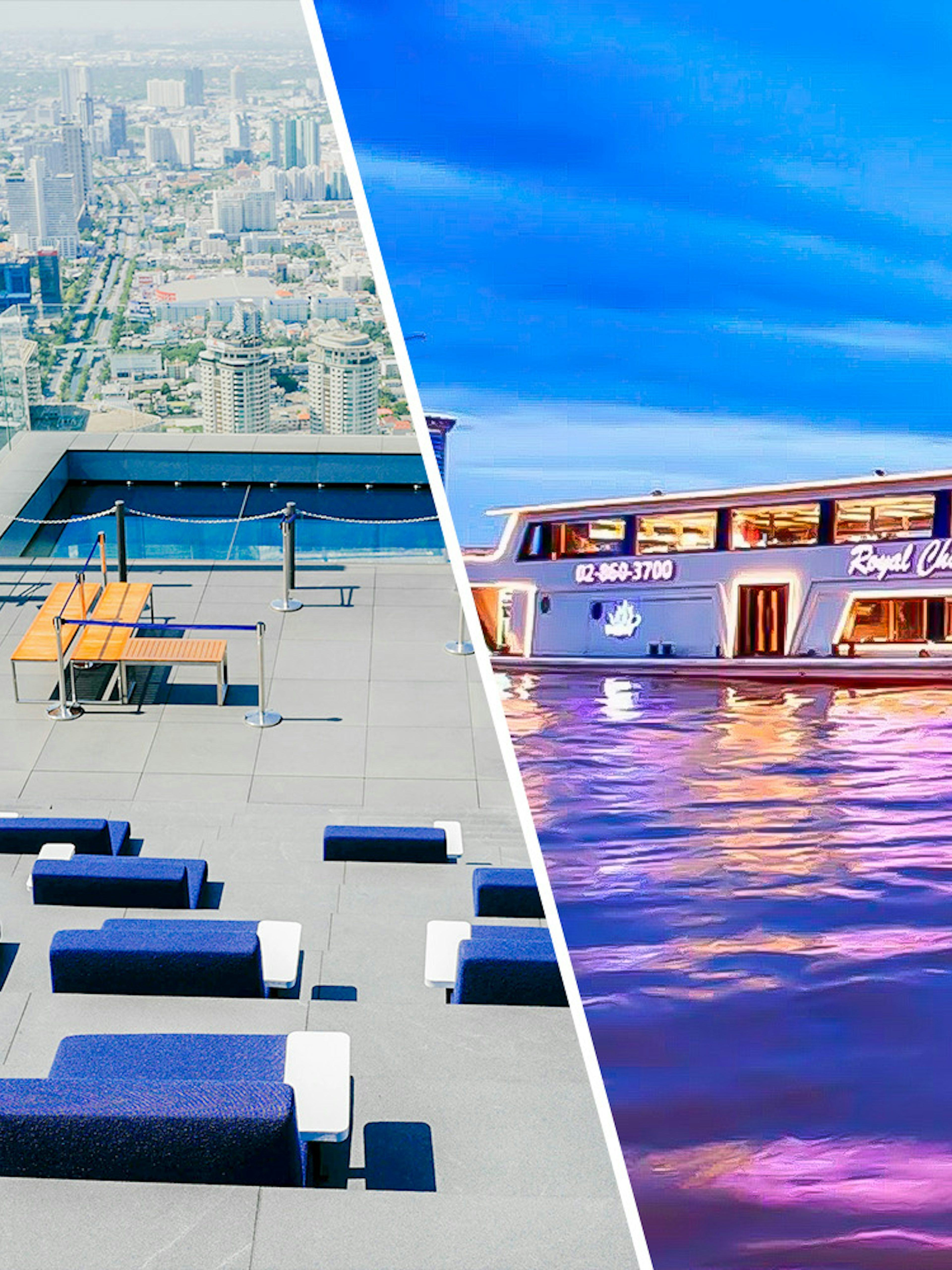 Mahanakhon SkyWalk view and Chao Phraya dinner cruise boat in Bangkok.