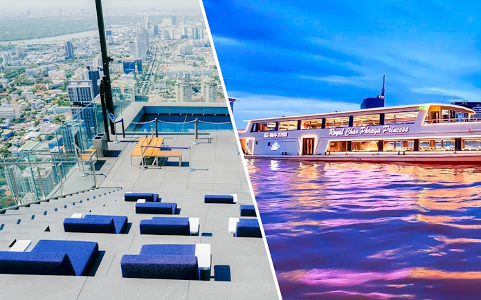 Mahanakhon SkyWalk view and Chao Phraya dinner cruise boat in Bangkok.
