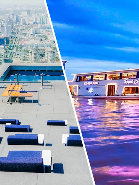 Mahanakhon SkyWalk view and Chao Phraya dinner cruise boat in Bangkok.