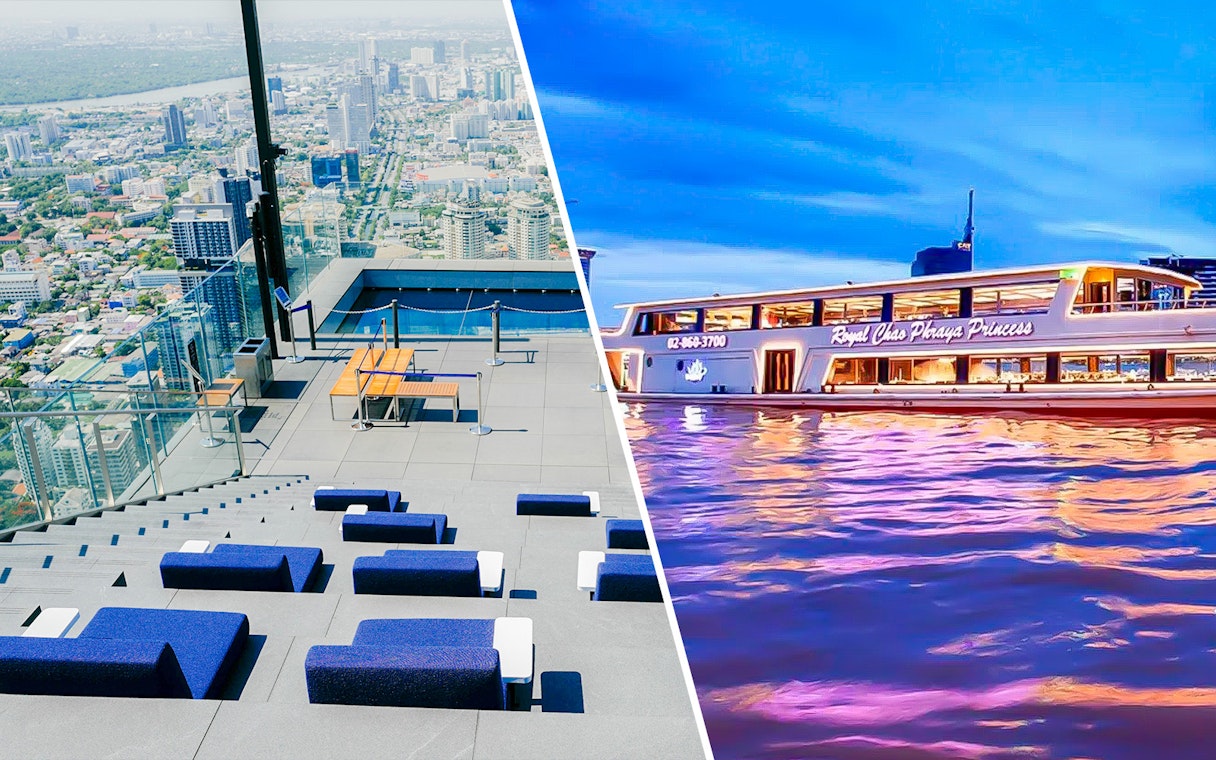 Mahanakhon SkyWalk view and Chao Phraya dinner cruise boat in Bangkok.