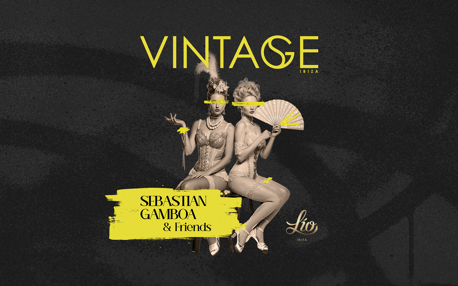 Vintage Ibiza event poster featuring performers in retro attire.