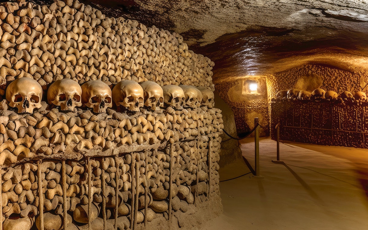 Skulls and bones arranged in the Catacombs of Paris.