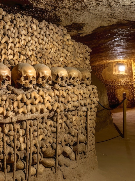 Skulls and bones arranged in the Catacombs of Paris.