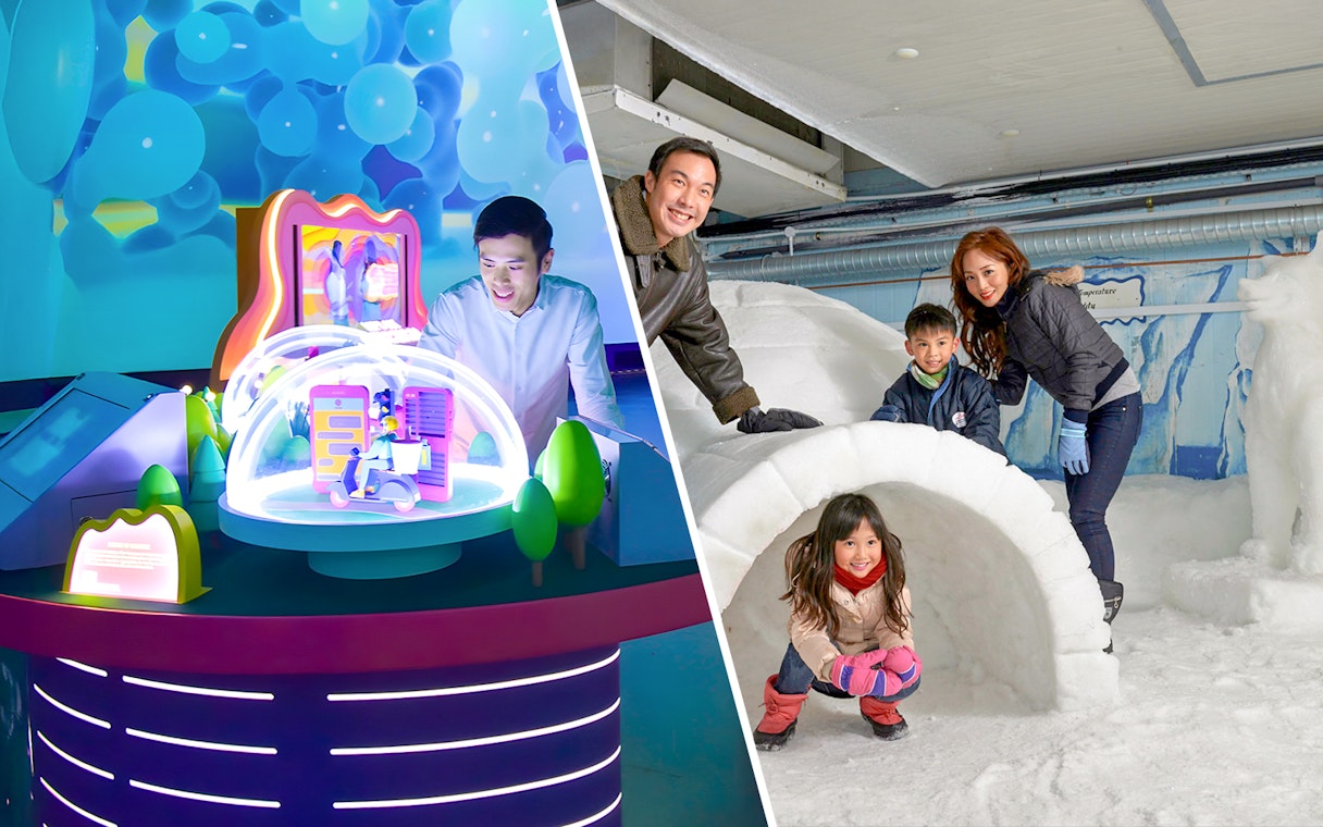 Science Centre exhibit and family at Snow City igloo, Singapore.