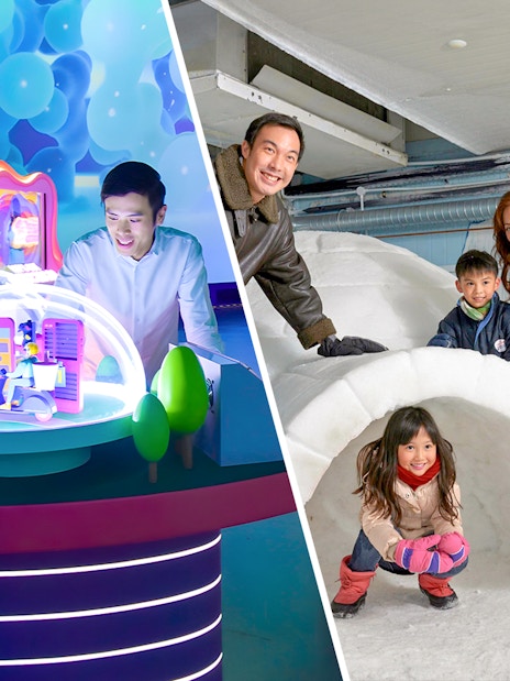 Science Centre exhibit and family at Snow City igloo, Singapore.