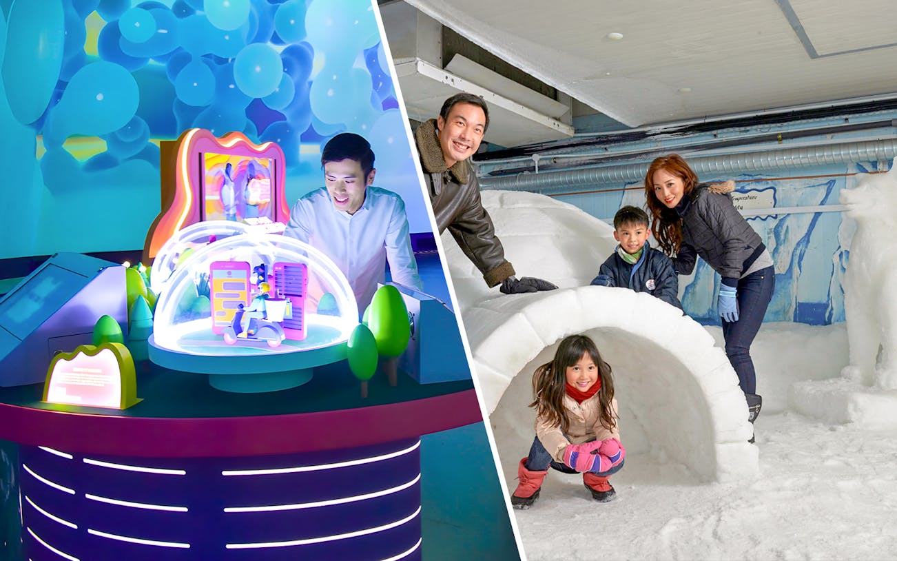 Science Centre exhibit and family at Snow City igloo, Singapore.