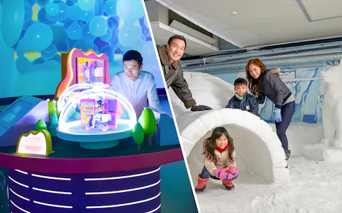 Science Centre exhibit and family at Snow City igloo, Singapore.