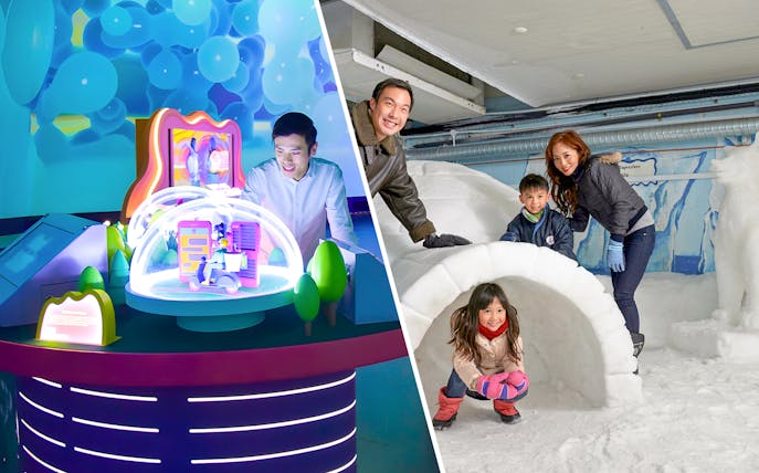 Science Centre exhibit and family at Snow City igloo, Singapore.
